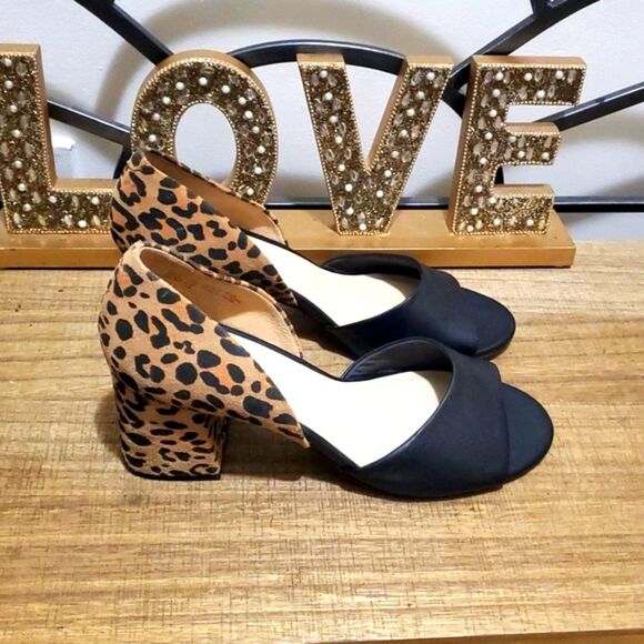 Antropologie Seychelles Shabby Chic Black Leopard Suede/Leather Block Heel Sz 10 - Picture 3 of 11